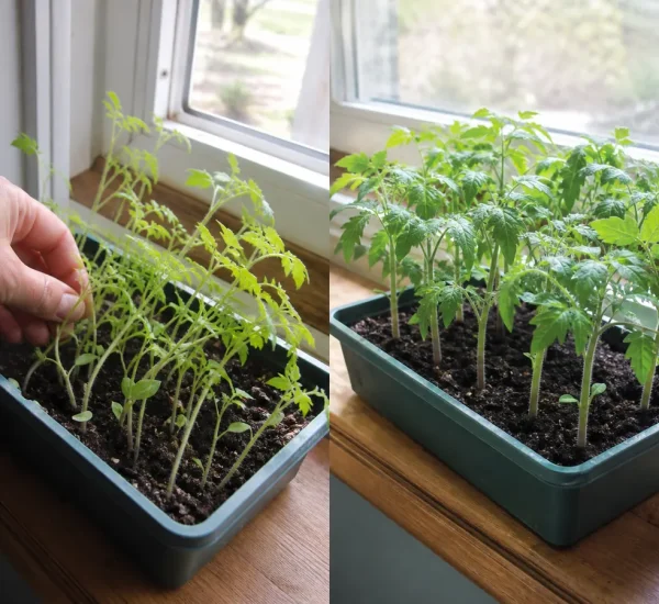 Leggy tomato seedlings before compact sturdy green growth afterward