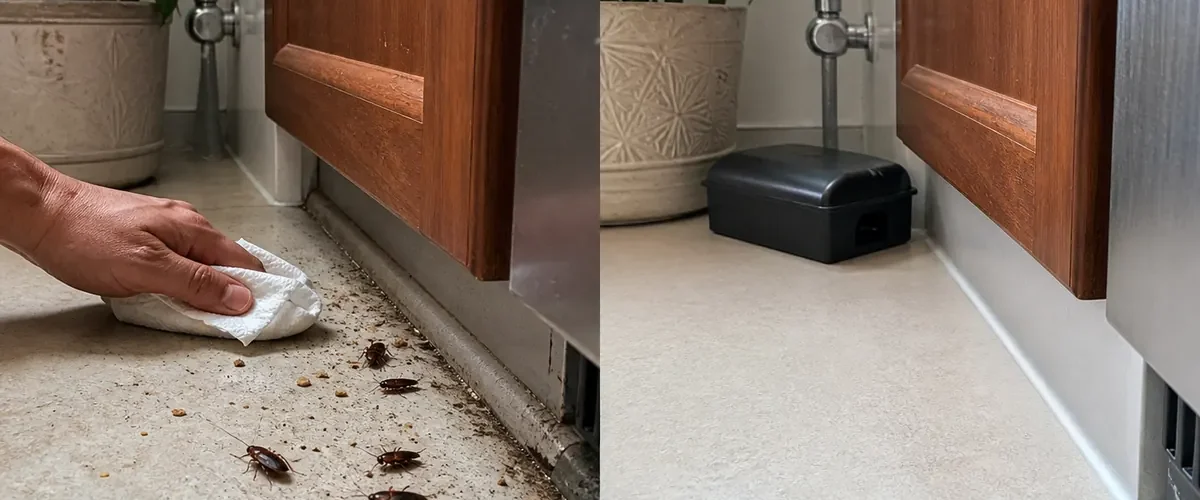 Visible cockroaches on a dirty floor route before clean monitored edges afterward