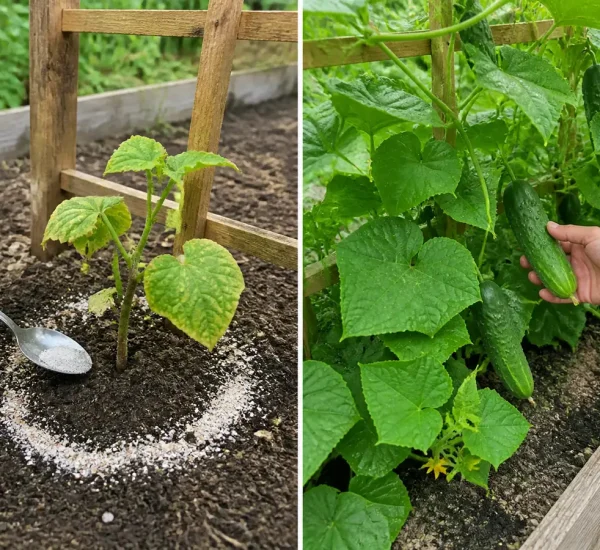 Before and after cucumber growth with finely ground eggshell added to the soil