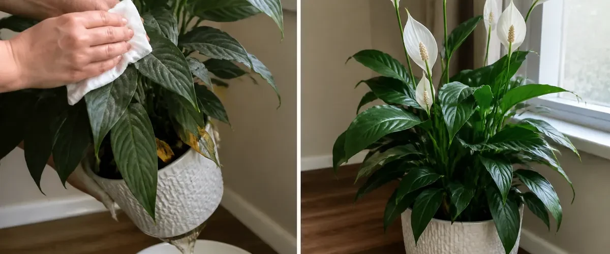 Bloomless peace lily before healthy white flowers return afterward