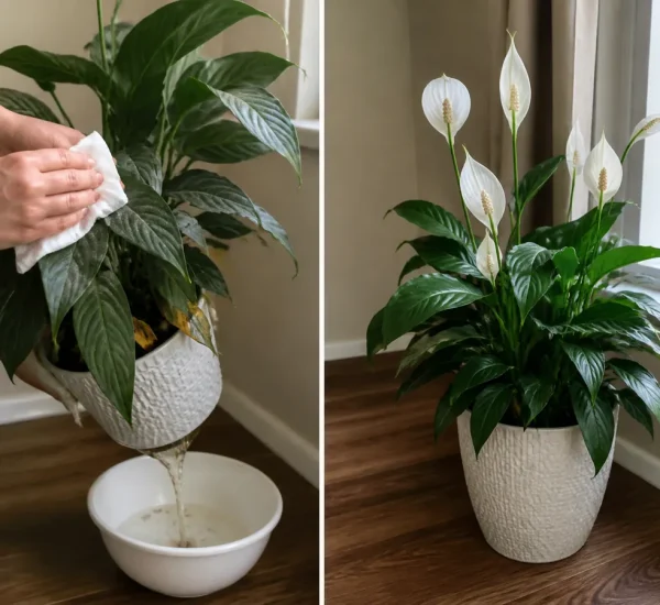Bloomless peace lily before healthy white flowers return afterward