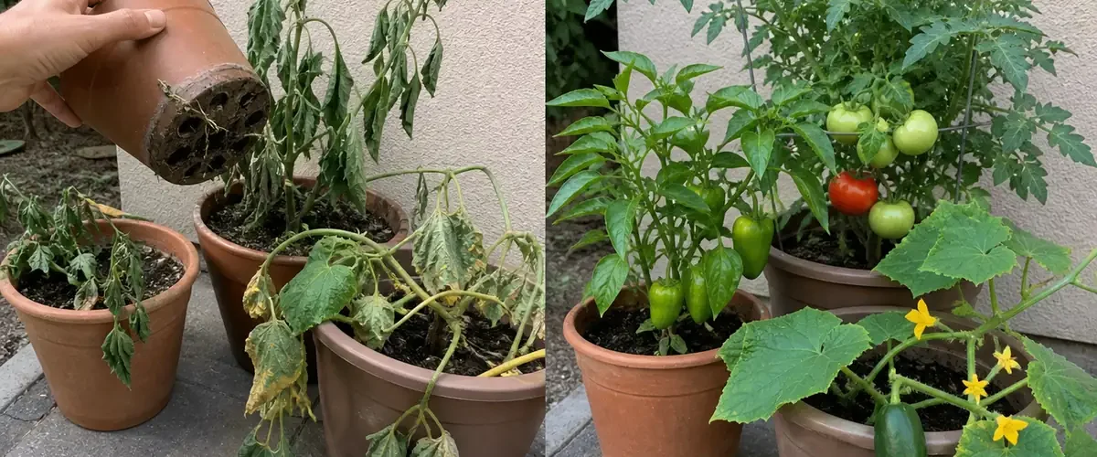Stalled tomatoes peppers and cucumbers before healthy new growth and fruit set afterward