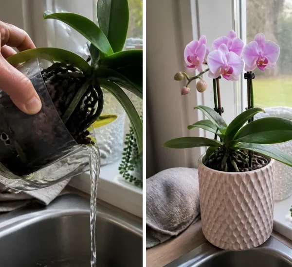 Struggling orchid roots before healthy new growth and flowers afterward