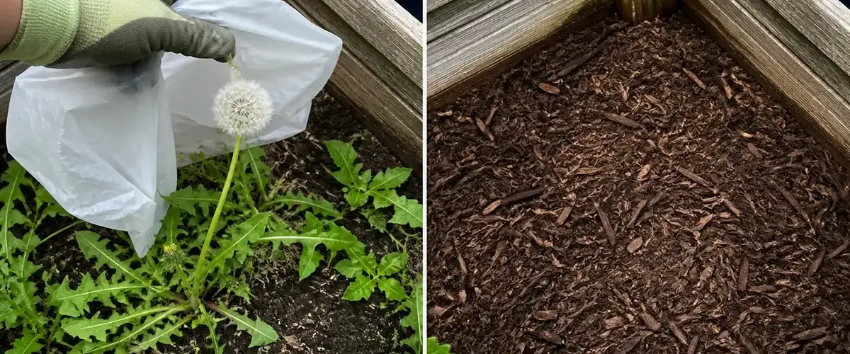 Dandelion taproot and seed heads before a dense clear garden patch afterward