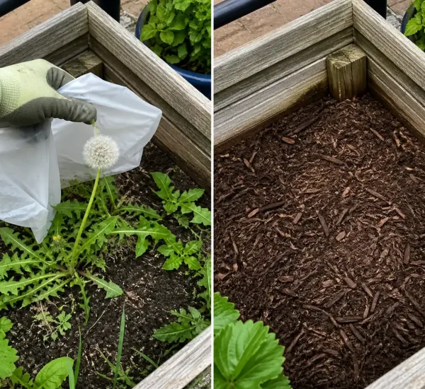 Dandelion taproot and seed heads before a dense clear garden patch afterward