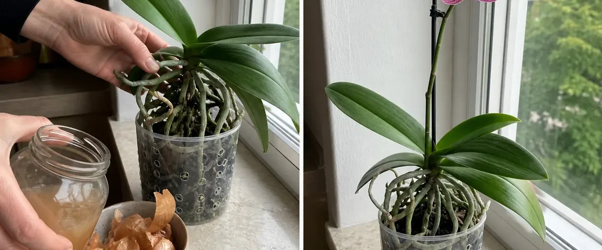 Onion-water residue before a healthy orchid flower spike afterward