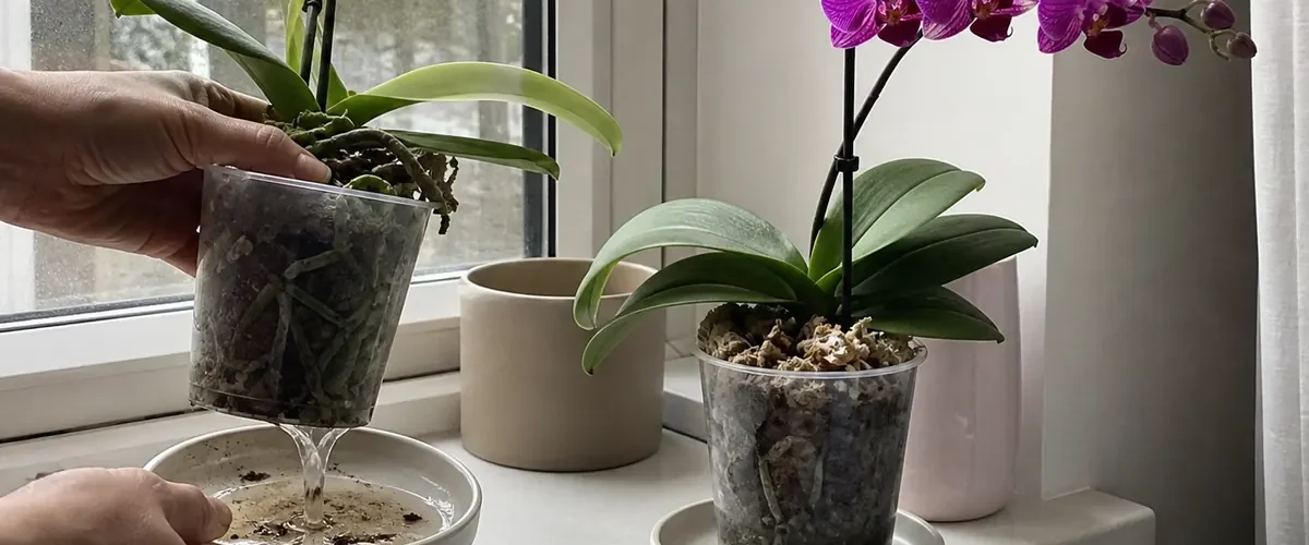 Bloomless winter orchid before a graceful flower arch afterward
