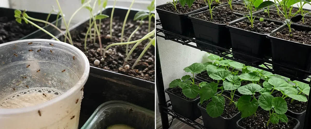 Stretched seedlings beside yeast water before and compact sturdy growth afterward
