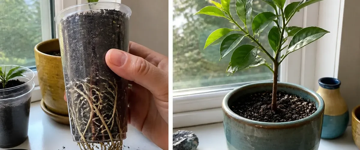 Lemon seed in a draining cup before a healthy young citrus pot afterward