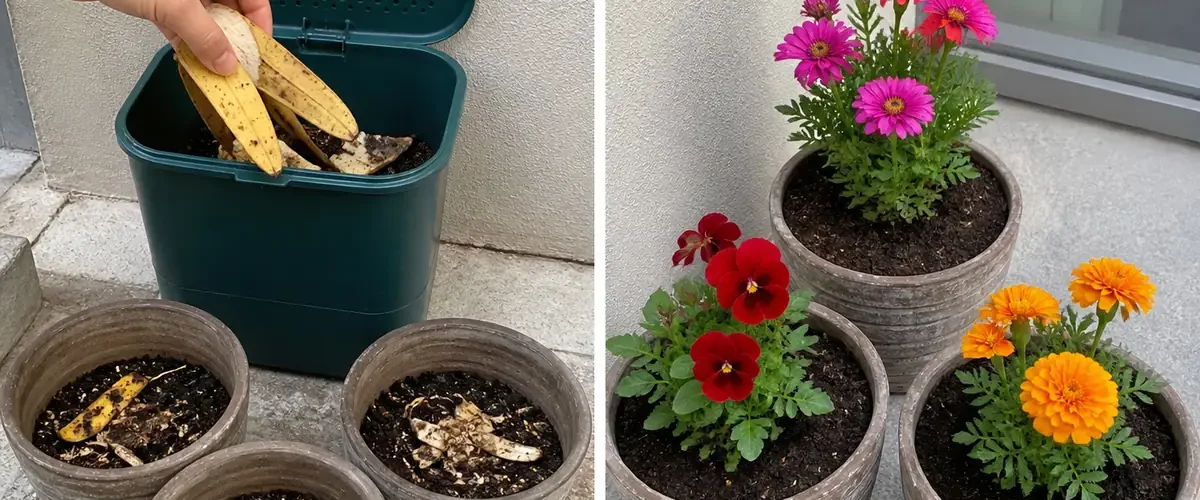 Banana peels entering finished compost before stronger flower buds afterward