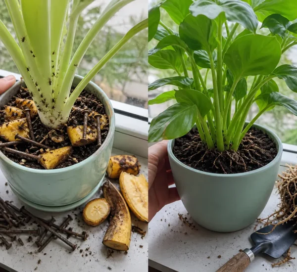 Rusty banana nail myth before healthy green plant growth afterward