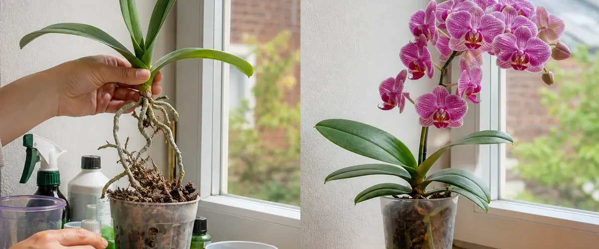 Orchid root and leaf check before a fuller annual flower spike afterward