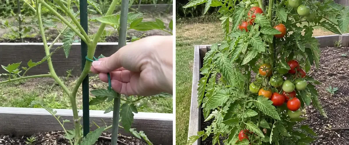 Tomato stem training before a fuller but believable harvest afterward