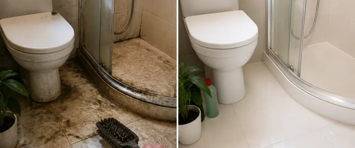 Forgotten bathroom zones before and clean dry surfaces after careful cleaning