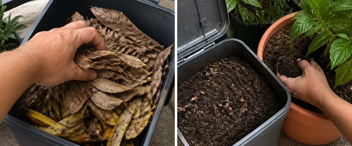 Fresh banana peels entering a compost bin before dark crumbly compost afterward