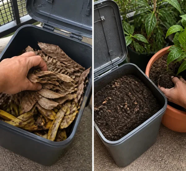 Fresh banana peels entering a compost bin before dark crumbly compost afterward