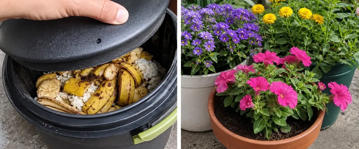 Banana and rice scraps entering compost before longer flower color afterward