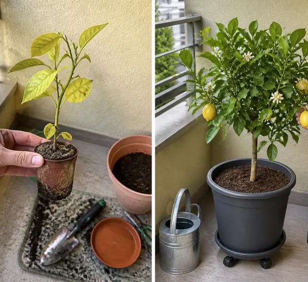 Troubled container lemon roots before healthy foliage and seasonal fruit afterward