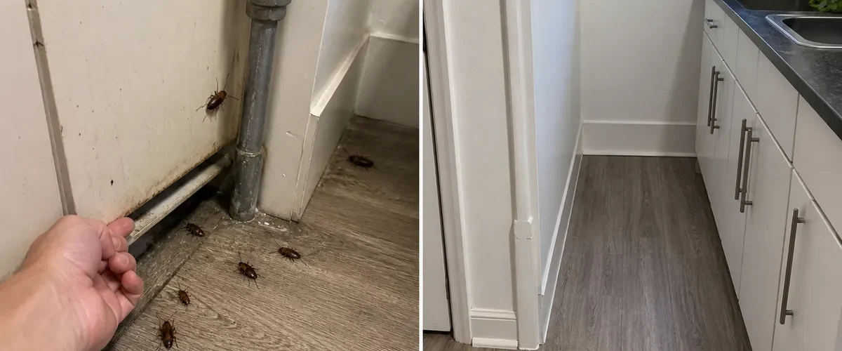 Visible cockroaches near an entry gap before a sealed quiet kitchen afterward