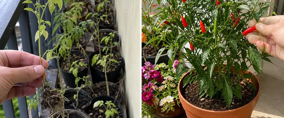 Crowded chili seedlings before a productive potted pepper plant afterward