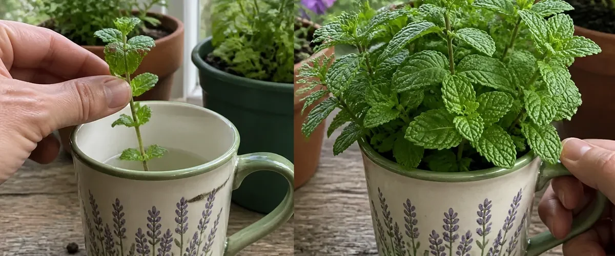 Rooted mint cutting in a cup before a dense fresh harvest afterward
