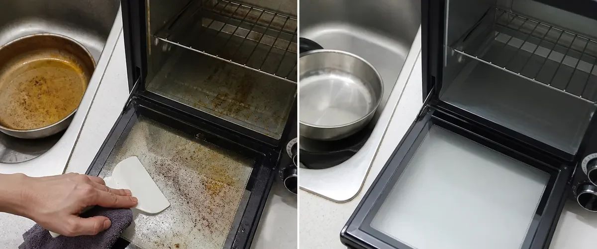 Burnt pan and oven grease before a clean intact kitchen finish afterward
