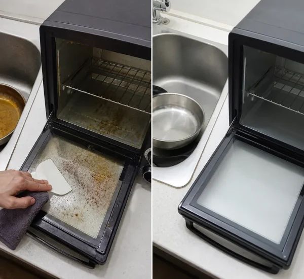 Burnt pan and oven grease before a clean intact kitchen finish afterward