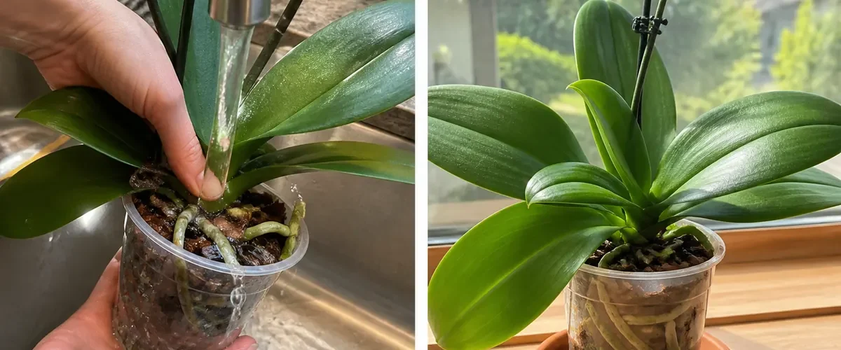 Water-stressed orchid roots before firm roots and a healthy new leaf afterward