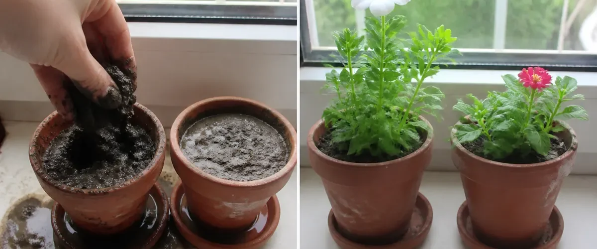 Poor flower pot drainage before firm growth and fresh blooms afterward