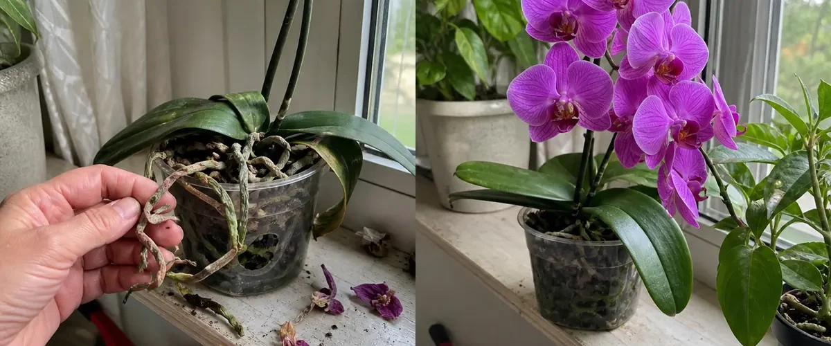 Bare orchid spike before a larger fresh flower display afterward