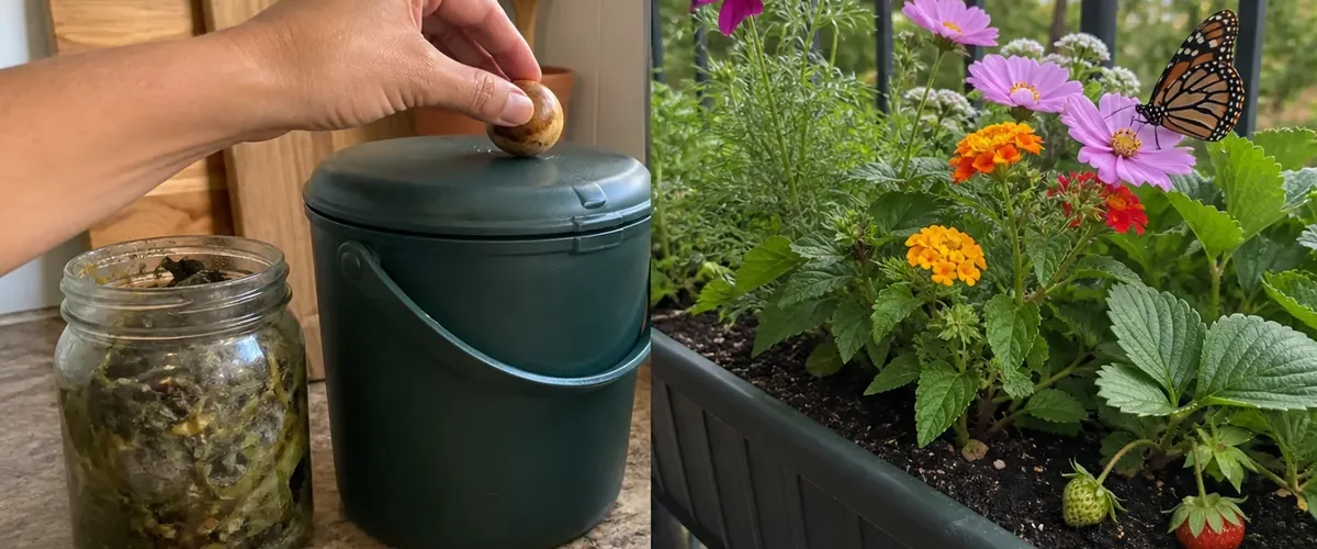 Avocado pit entering compost before dark finished compost and flowers afterward