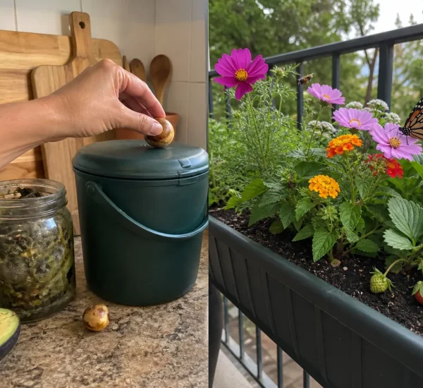 Avocado pit entering compost before dark finished compost and flowers afterward