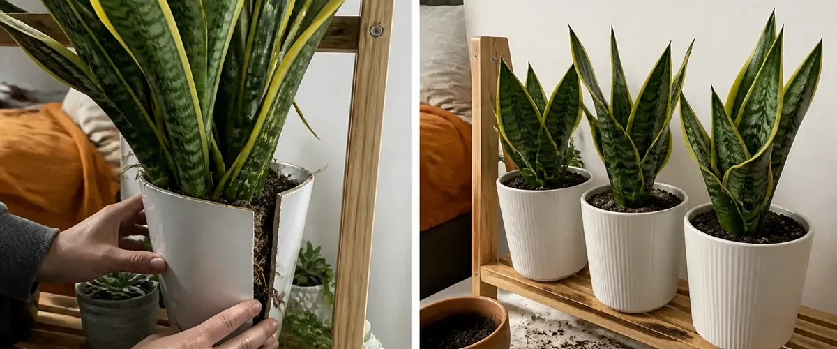 Crowded snake plant before three strong upright divisions afterward