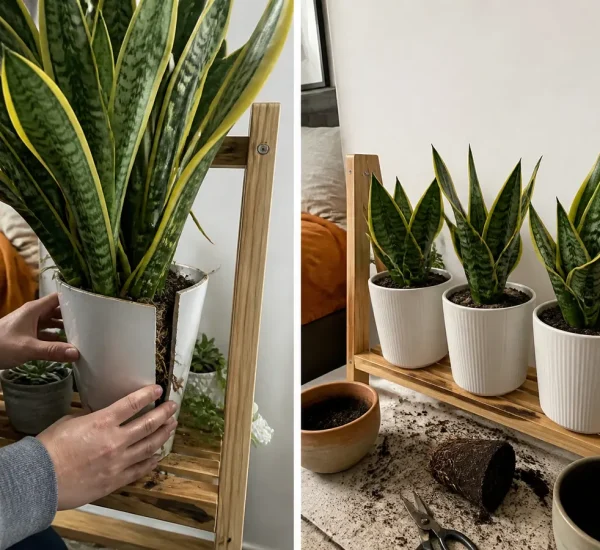 Crowded snake plant before three strong upright divisions afterward