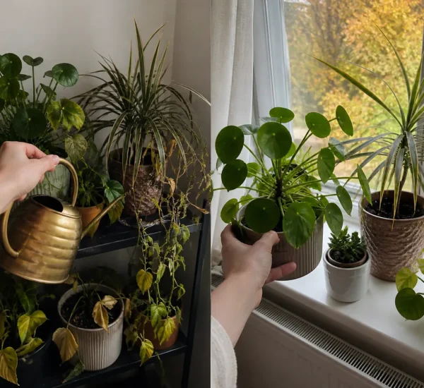 Before and after a fall houseplant care reset near a bright window