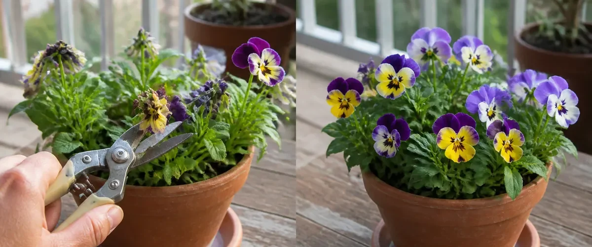 Spent flowers before a longer healthy seasonal bloom display afterward