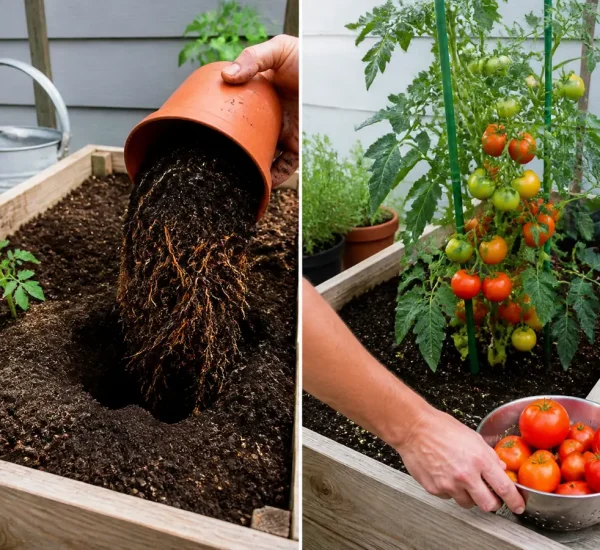 Overloaded tomato planting hole before strong plants and a heavy harvest afterward