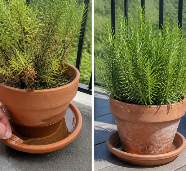 Waterlogged rosemary roots before a dense healthy potted herb afterward