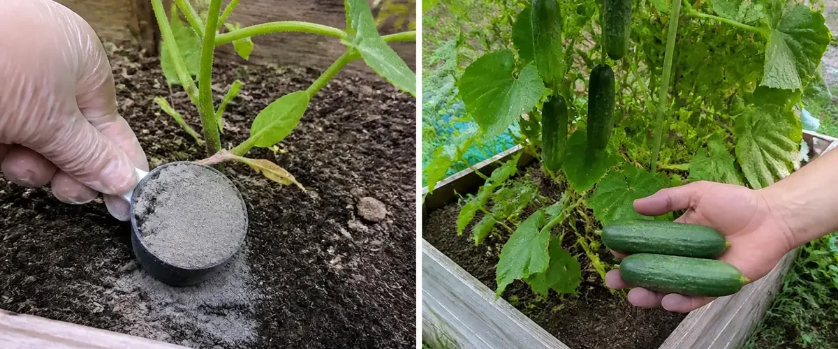 Wood ash and untested cucumber soil before a vigorous tested row afterward