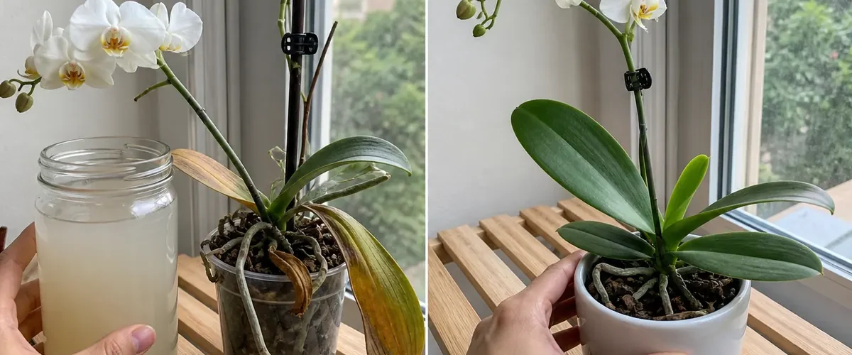 Rice residue on orchid before clean active root growth afterward