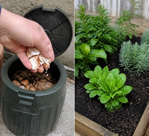 Whole egg kept from roots before compost-enriched garden soil afterward