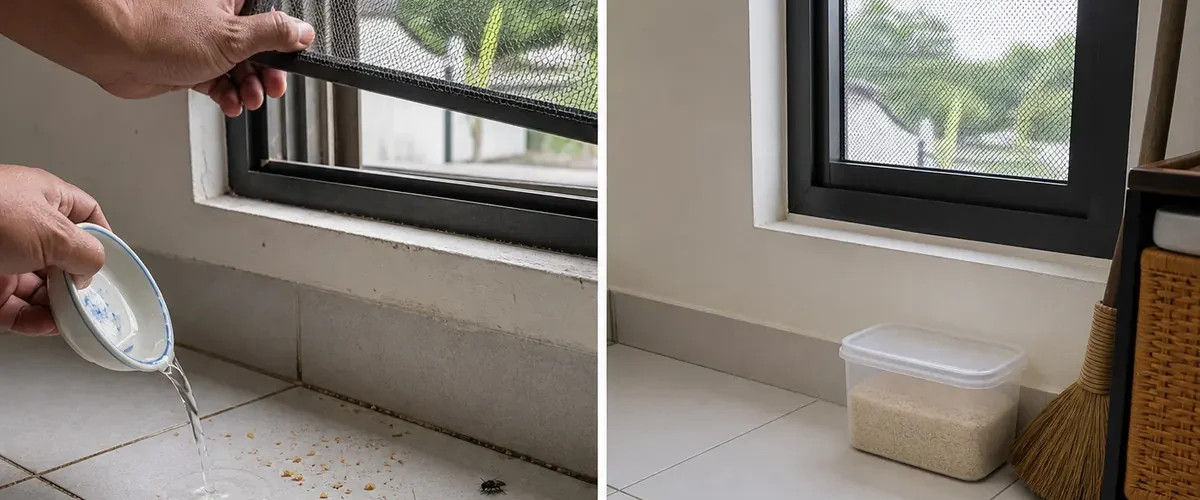 Visible indoor insects and open routes before a clean sealed room afterward