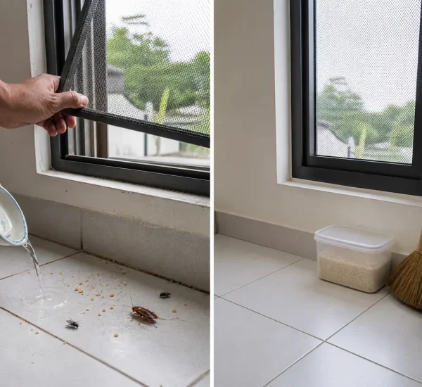 Visible indoor insects and open routes before a clean sealed room afterward