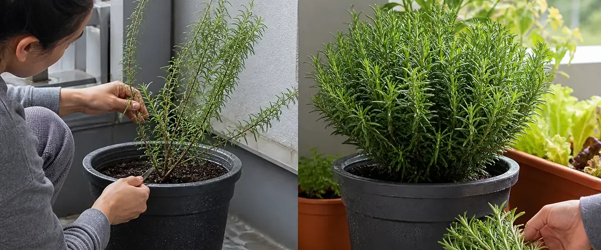 Thin rosemary before a dense fragrant plant with many tips afterward