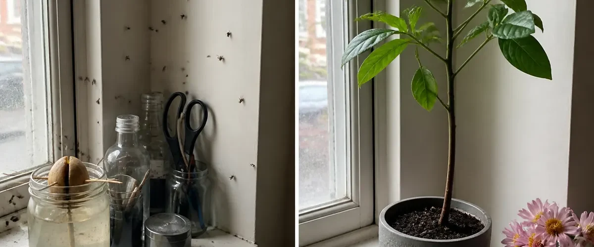 Avocado pit rooting in water before a sturdy branched indoor tree afterward
