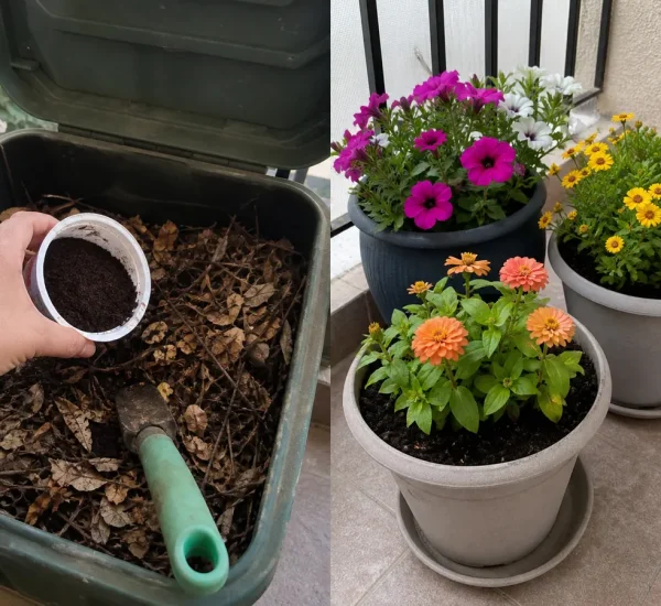 Coffee grounds entering compost before stronger flower growth afterward