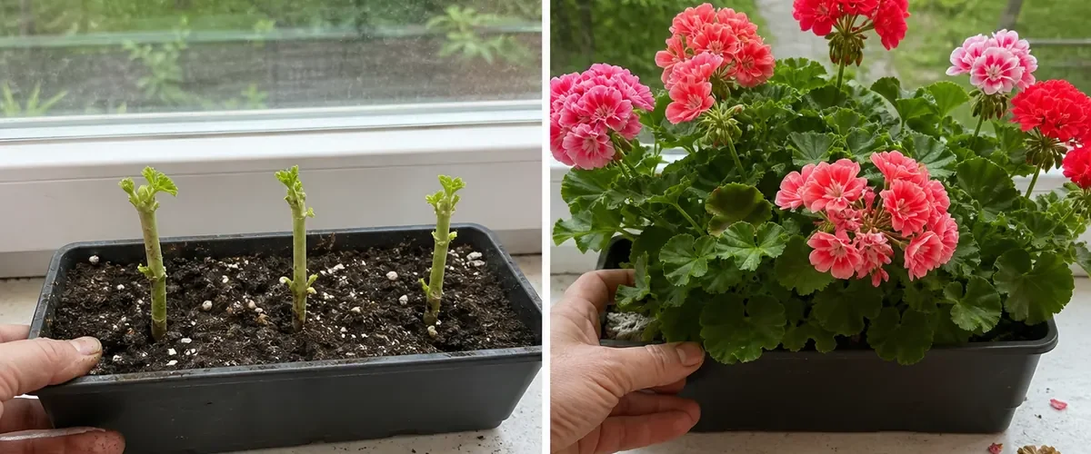 Bare pelargonium cuttings before several rooted flowering plants afterward
