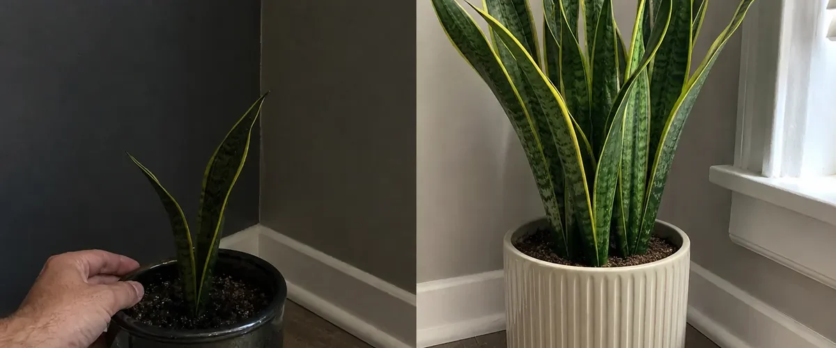 Dark wet snake plant before taller upright growth afterward