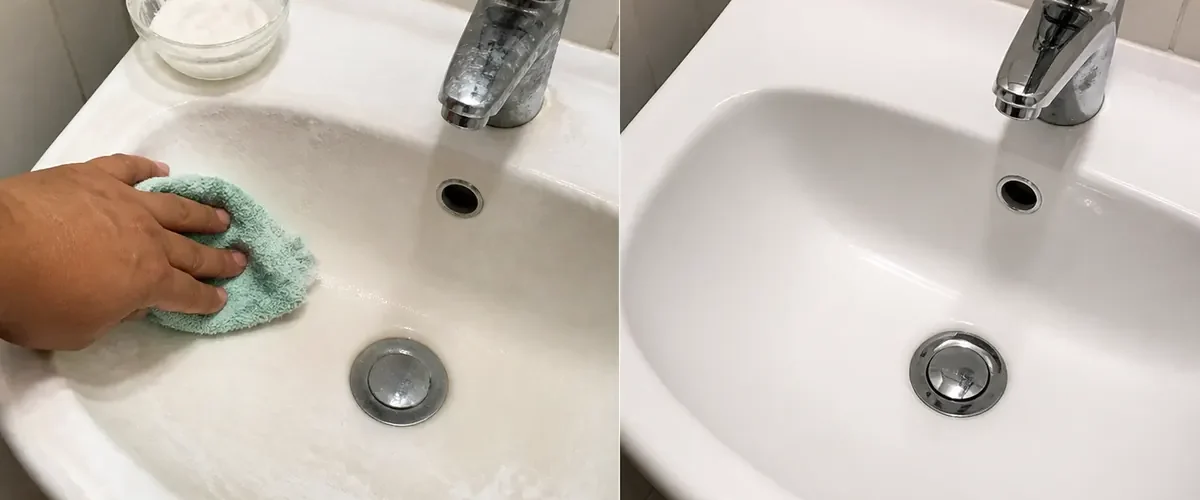 Dull bathroom soap film before a clean bright finish afterward