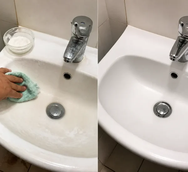 Dull bathroom soap film before a clean bright finish afterward